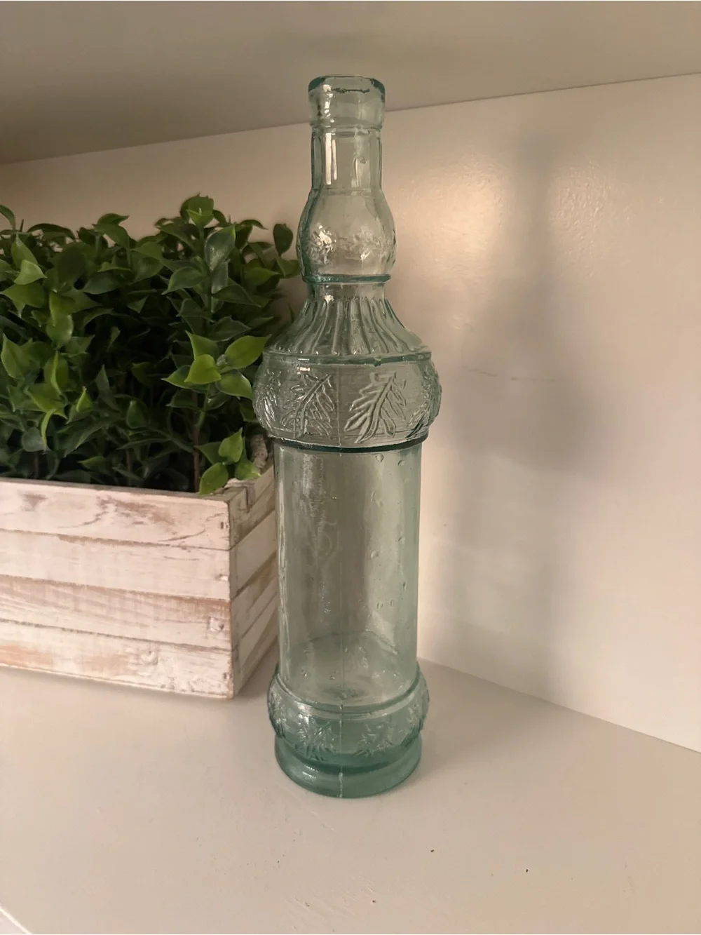 Vintage Spanish Recycled Glass Bottle Vase Aqua Green Embossed Pinecone